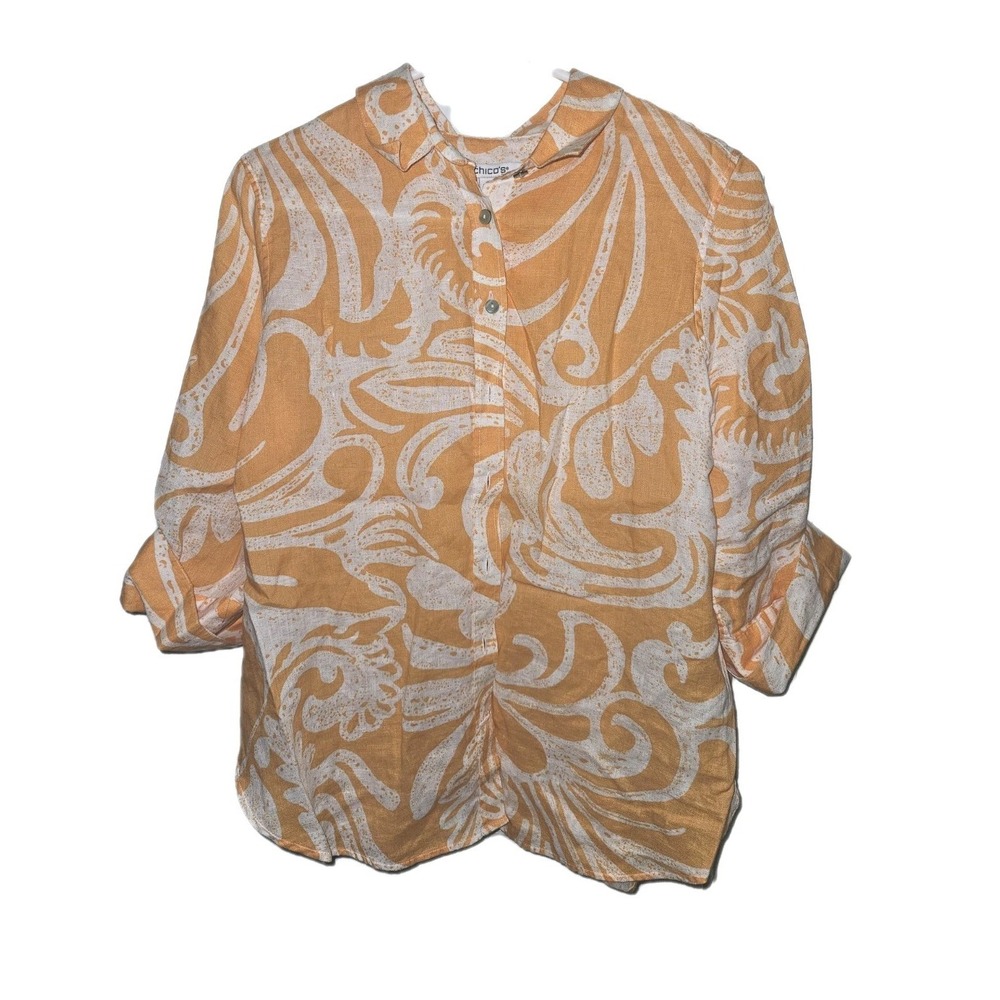 Chico 100% Linen Orange‎ Women's Blouse / Shirt 3/4 Sleeve Chico Size 1 (Size 8)